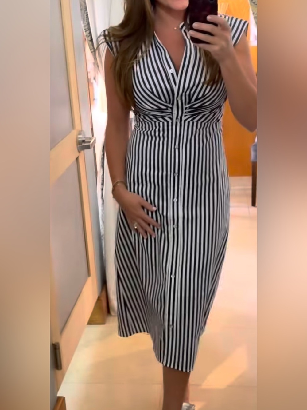 NWT Pinch Navy and White Striped Button-Front Midi Dress pleated bust & waist